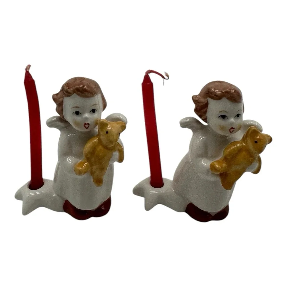 Pair of Vintage Goebel Christmas Candle Holders Angel w/ Teddy Bear 2.5
